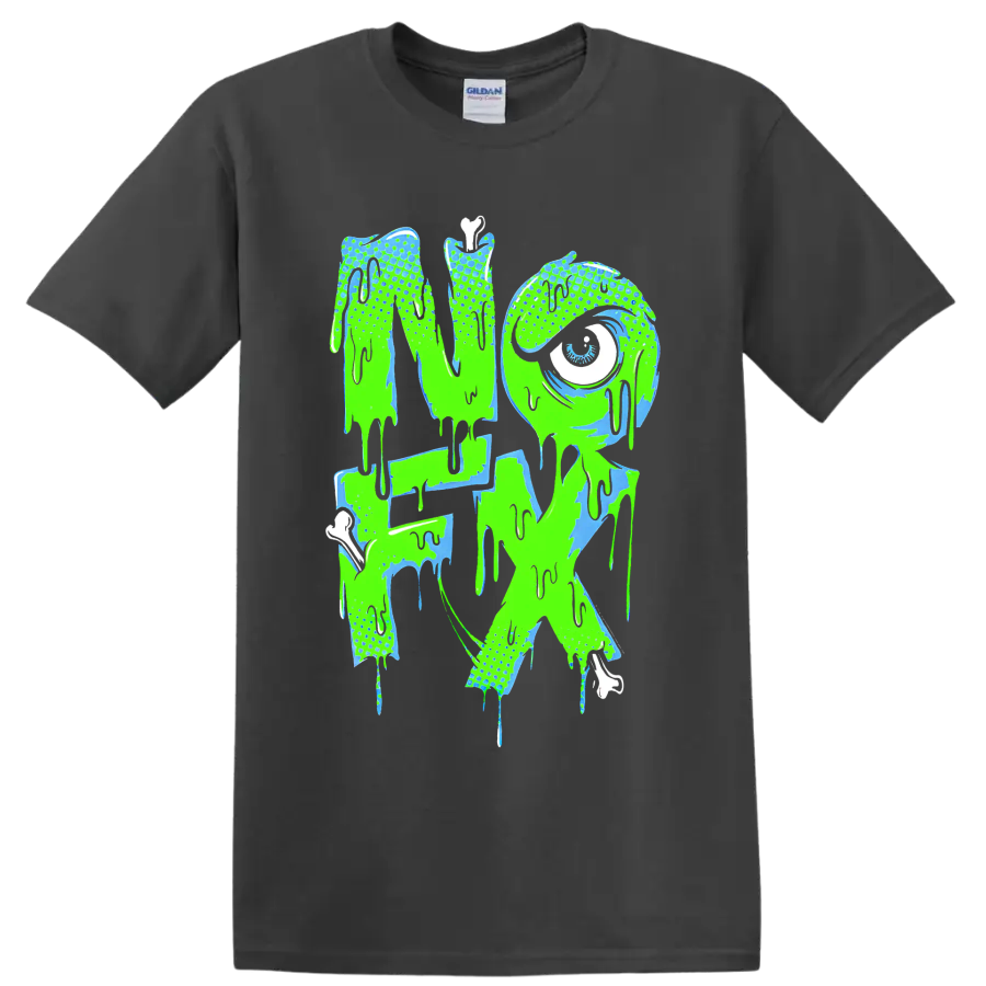 NOFX dripping punk rock band logo in neon green and blue on a Charcoal T Shirt