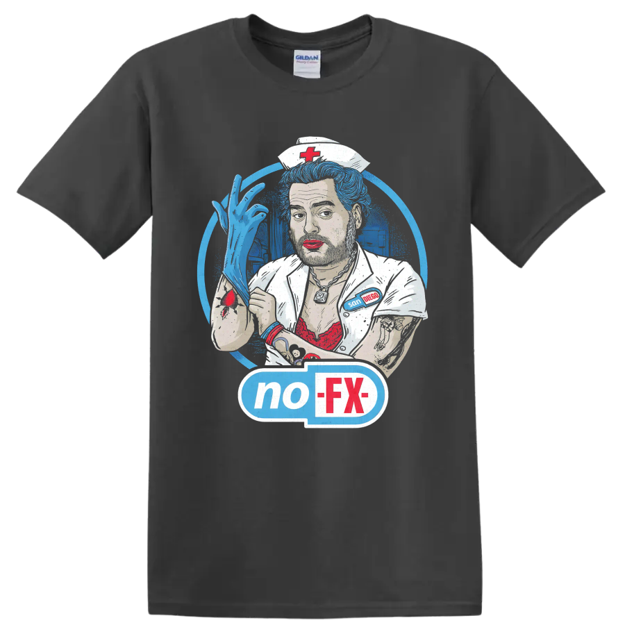 NOFX punk rock nurse illustration with blue hair and no-FX graphic on a Charcoal T Shirt