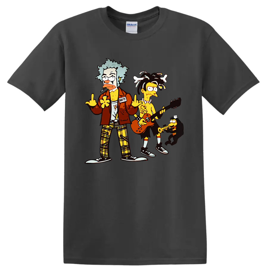 NOFX cartoon punk rock band with guitar and saxophone graphic on a Charcoal T Shirt