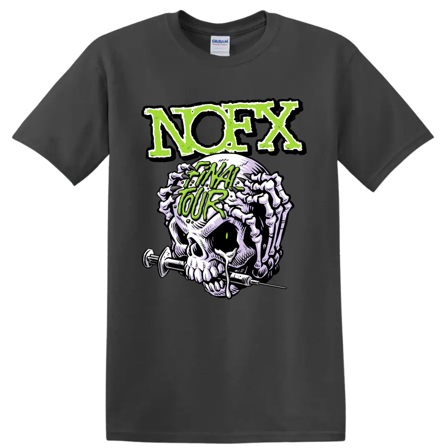 NOFX punk rock skull graphic with distressed green lettering on a Charcoal T Shirt