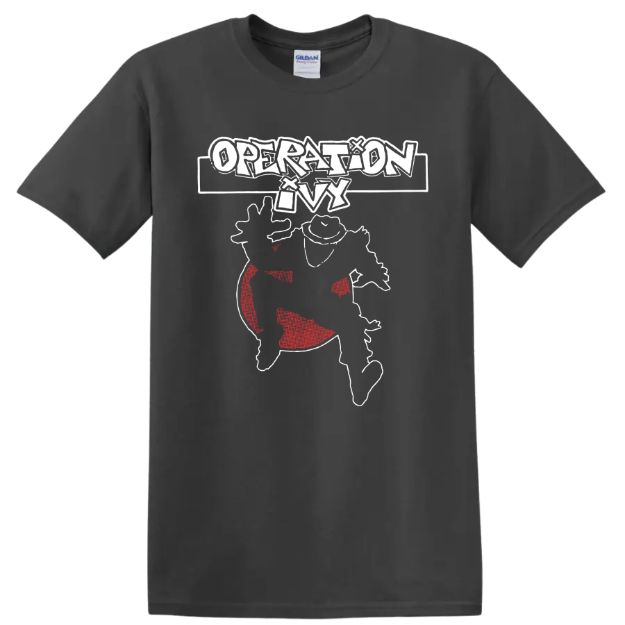 Operation Ivy punk rock graphic with distressed white lettering and red accents on a Charcoal T Shirt