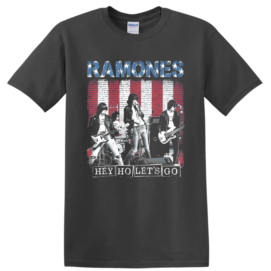 Ramones distressed punk rock graphic with stars, musicians, and striped backdrop on a Charcoal T Shirt