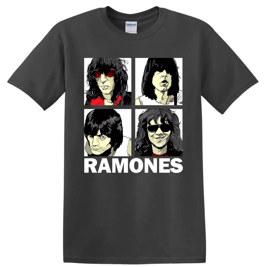 Ramones four-panel punk rock portraits with RAMONES lettering on a Charcoal T Shirt