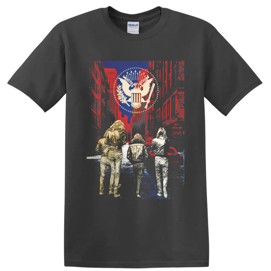 Ramones punk rock eagle graphic with distressed patriotic collage and three figures on a Charcoal T Shirt