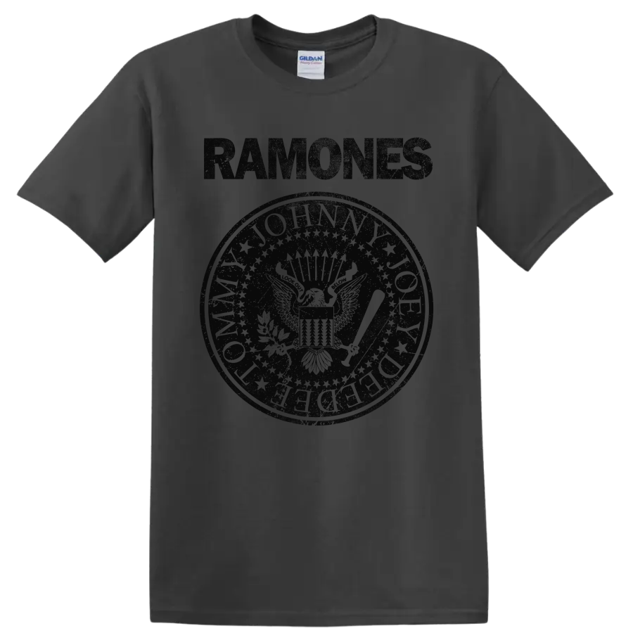 Ramones eagle seal graphic with vintage punk rock lettering on a Charcoal T Shirt