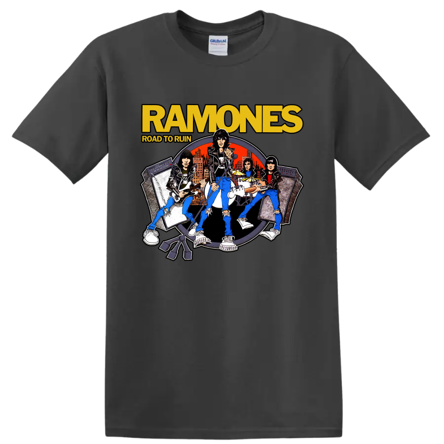 Ramones Road to Ruin illustrated punk rock band graphic print on a Charcoal T Shirt