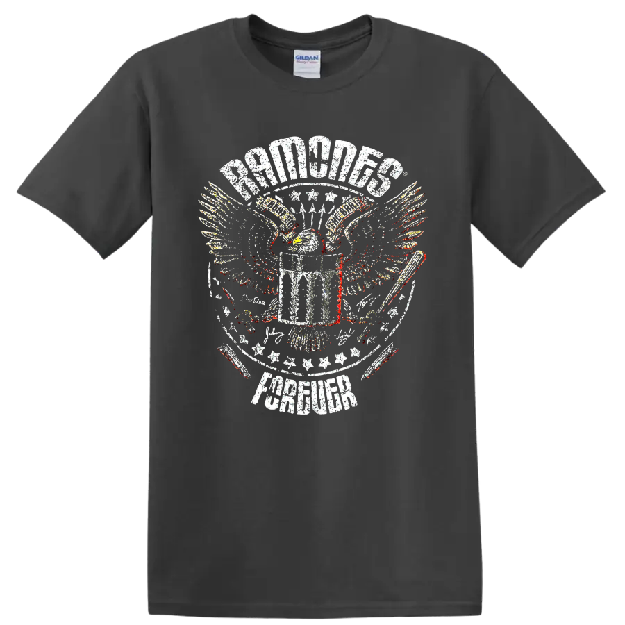 Ramones punk rock eagle crest distressed graphic print on a Charcoal T Shirt
