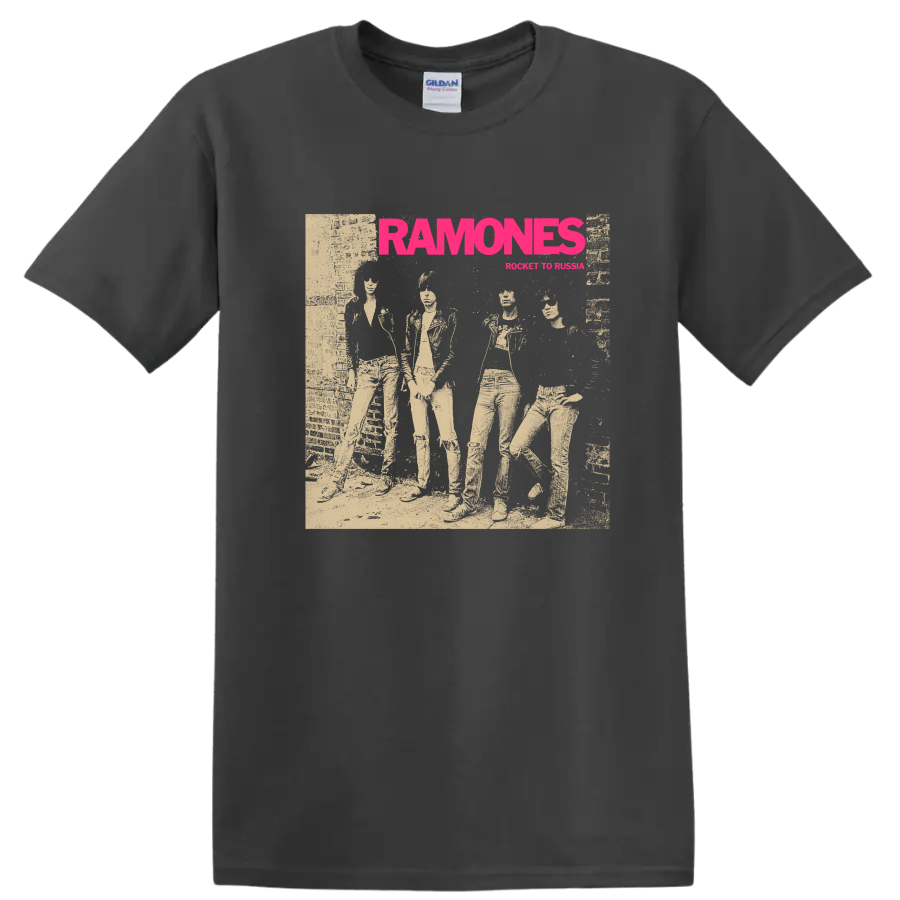 Ramones punk rock band graphic with bold pink lettering and performer collage on a Charcoal T Shirt