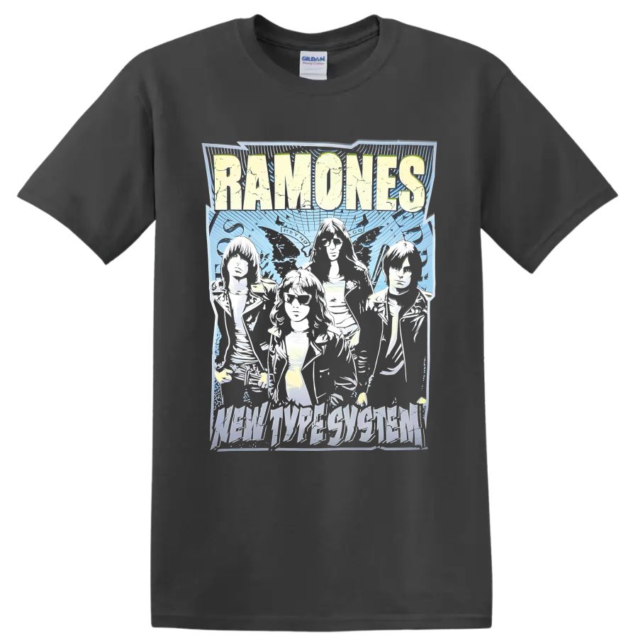 Ramones punk rock band graphic with illustrated portraits and bold lettering on a Charcoal T Shirt