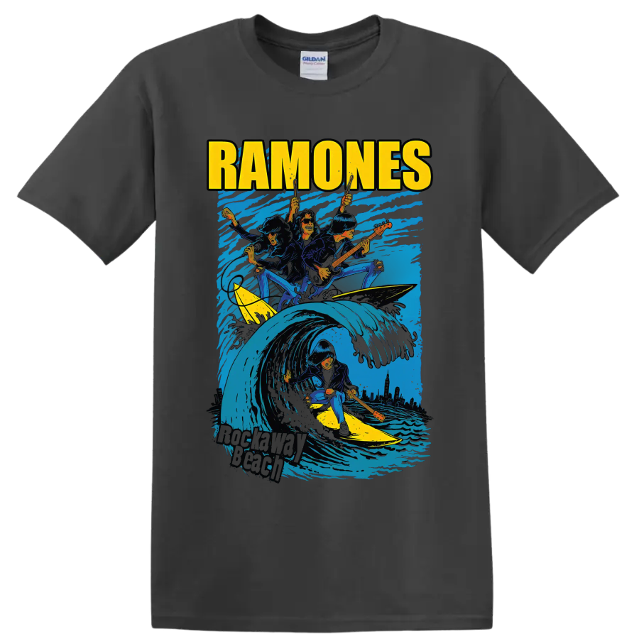 Ramones punk rock band surfing wave graphic with guitars on a Charcoal T Shirt