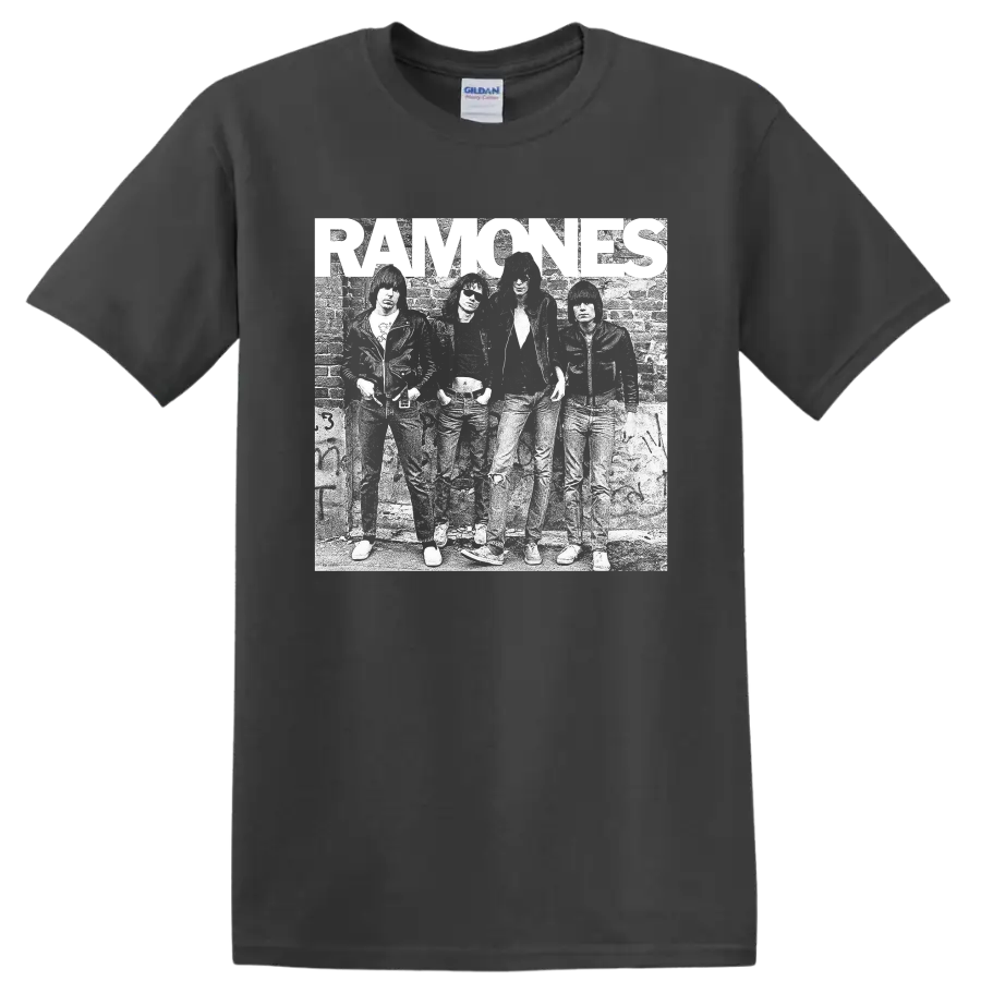 Ramones punk rock band distressed black-and-white graphic print on a Charcoal T Shirt