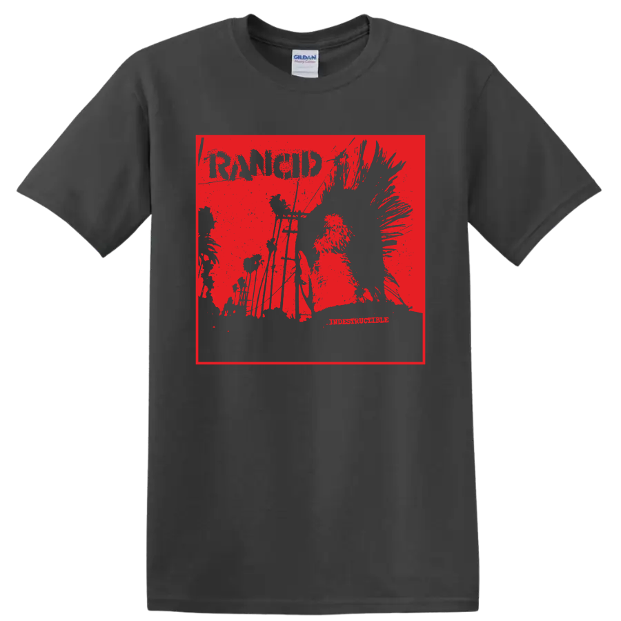 Rancid punk rock distressed graphic with bold band lettering on a Charcoal T Shirt