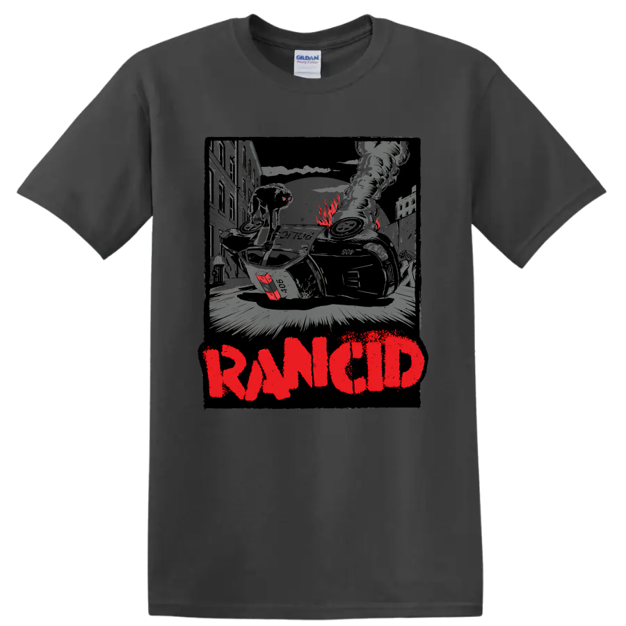 Rancid distressed punk rock graphic with urban wreckage and bold red lettering on a Charcoal T Shirt