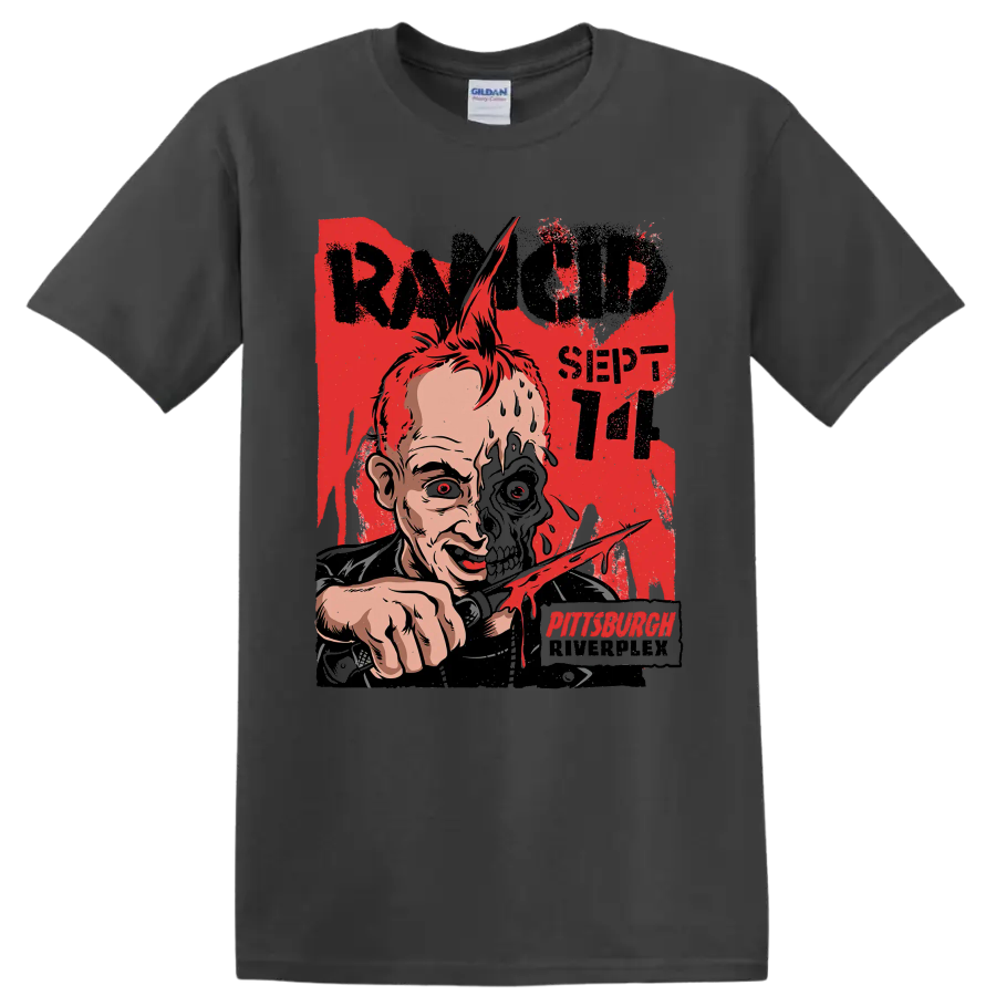 Rancid punk rock distressed half-skull artwork with Pittsburgh lettering on a Charcoal T Shirt