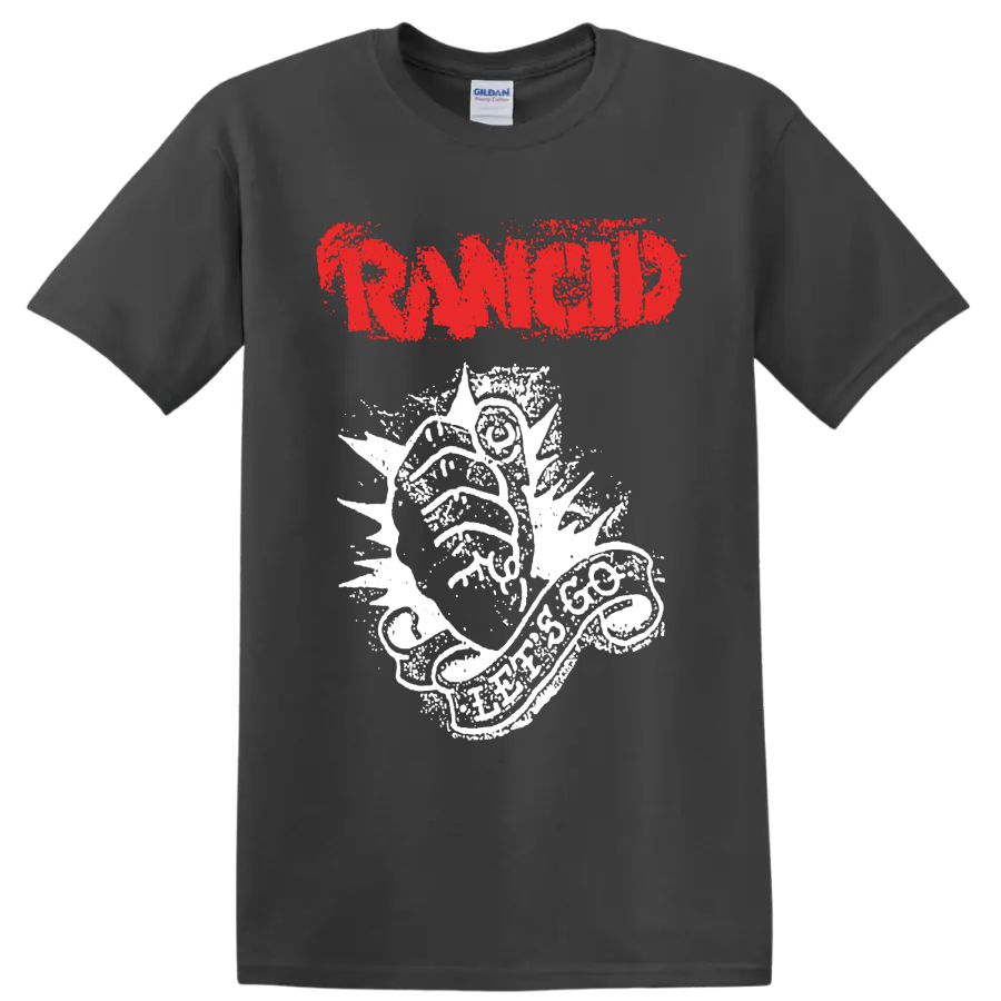 Rancid distressed red logo with white punk rock illustration on a Charcoal T Shirt