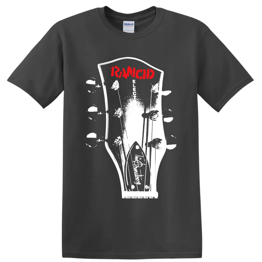 Rancid punk rock band red logo with distressed black-and-white graphic on a Charcoal T Shirt