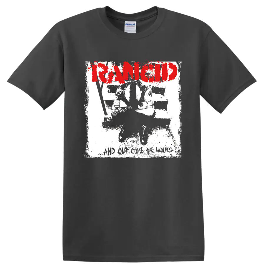 Distressed red Rancid logo with black and white punk artwork on a Charcoal T Shirt