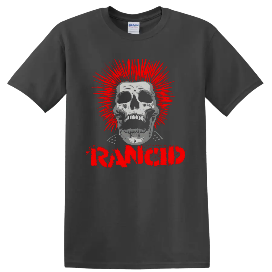 Rancid distressed skull graphic with red burst and bold lettering on a Charcoal T Shirt
