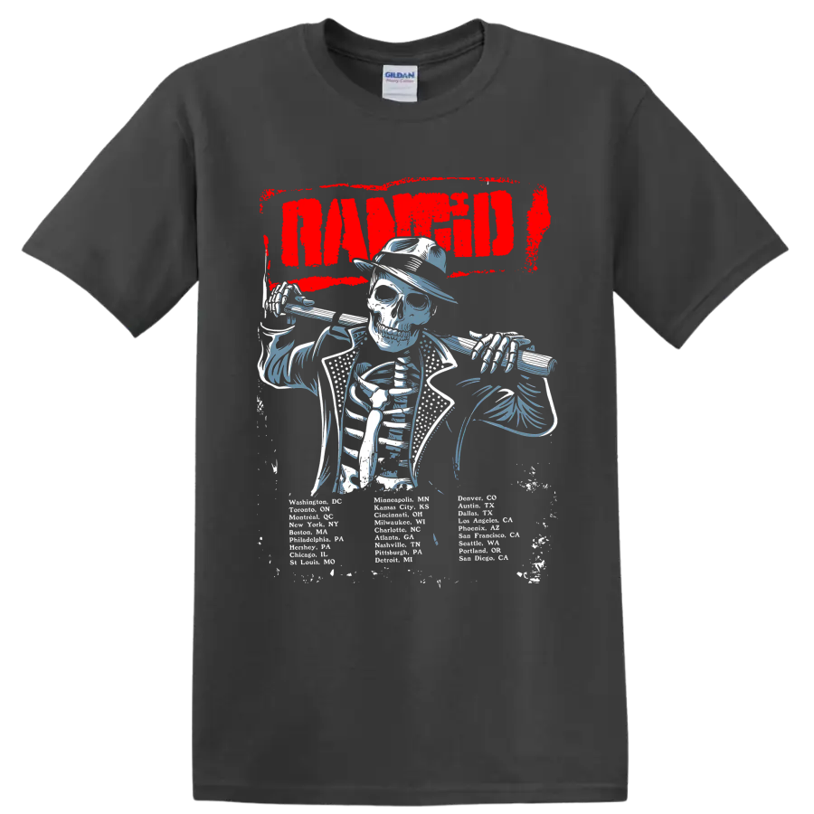 Rancid skeleton musician graphic with bold red lettering on a Charcoal T Shirt