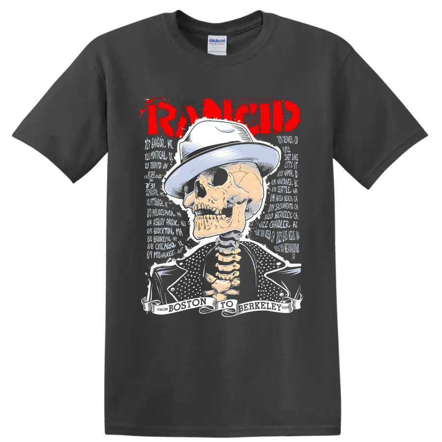 Rancid punk rock skull graphic with distressed red band lettering on a Charcoal T Shirt