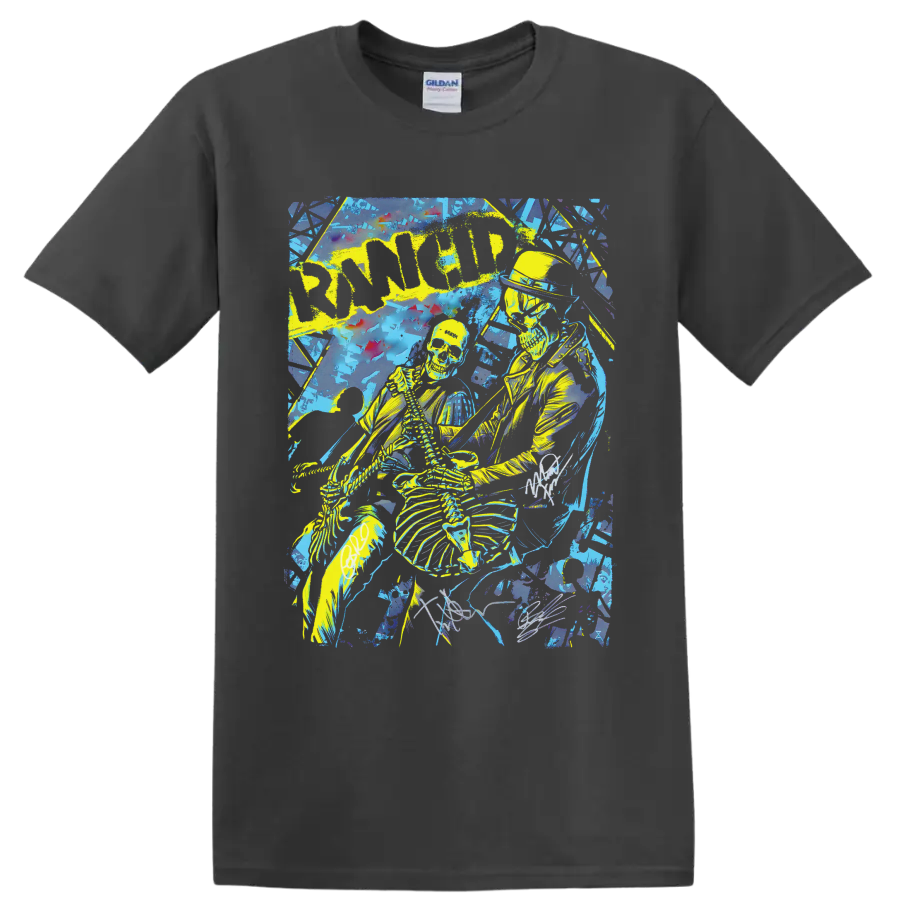 Rancid punk rock skeleton graphic with bold lettering on a Charcoal T Shirt
