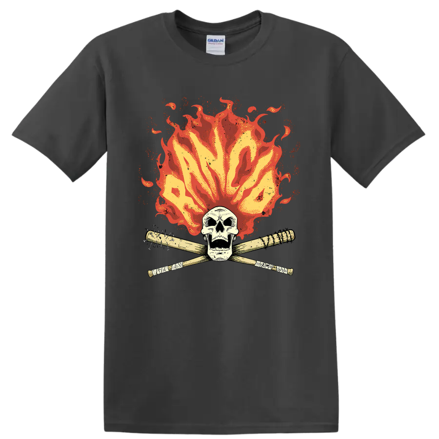 Rancid punk rock skull with crossed bats and distressed flames on a Charcoal T Shirt