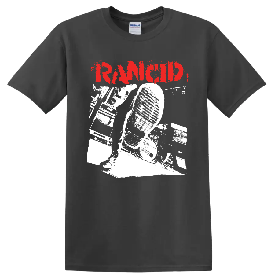 Rancid distressed red logo with bold monochrome punk rock artwork on a Charcoal T Shirt