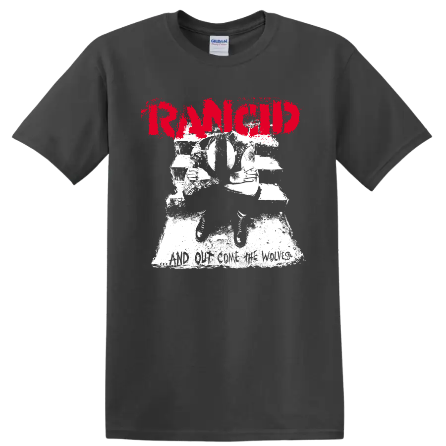 Rancid punk rock graphic with distressed red lettering and white illustration on a Charcoal T Shirt