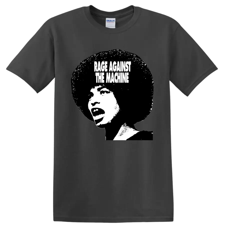 Rage Against the Machine distressed black and white portrait graphic on a Charcoal T Shirt