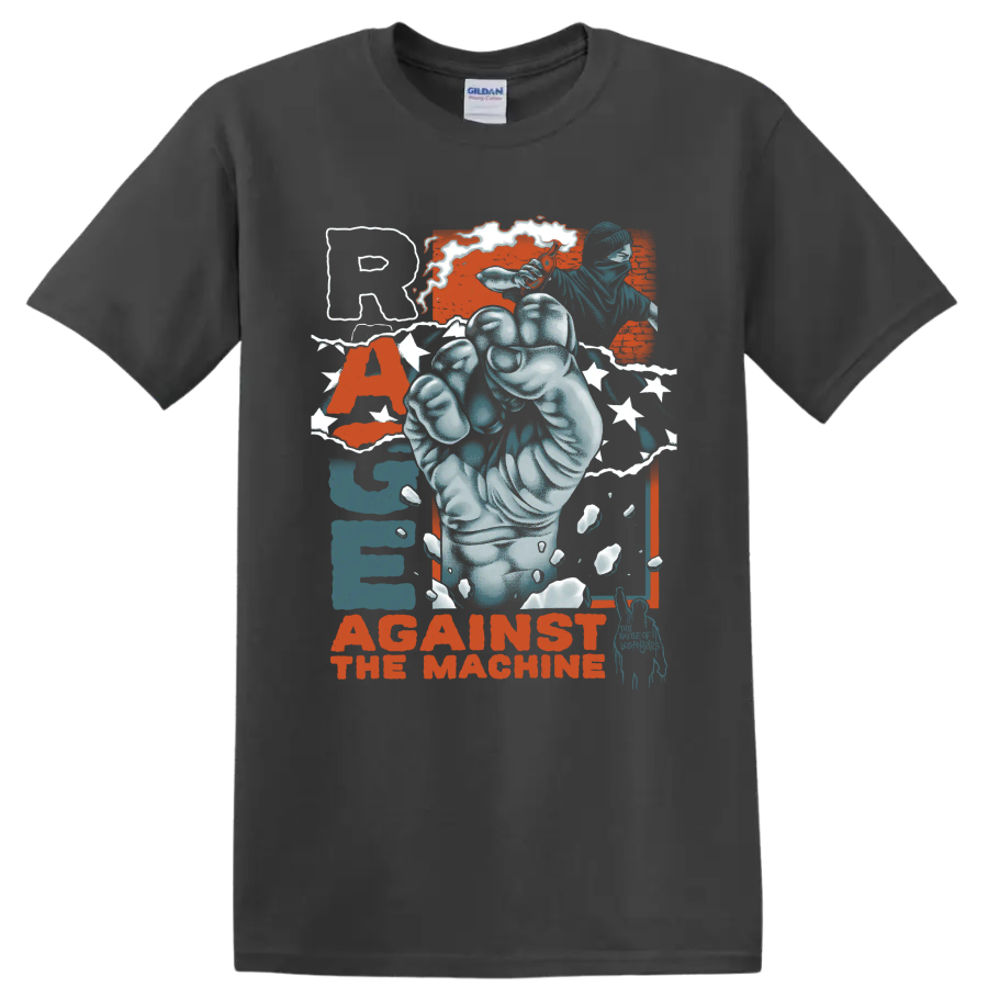 Rage Against the Machine distressed raised fist protest graphic on a Charcoal T Shirt