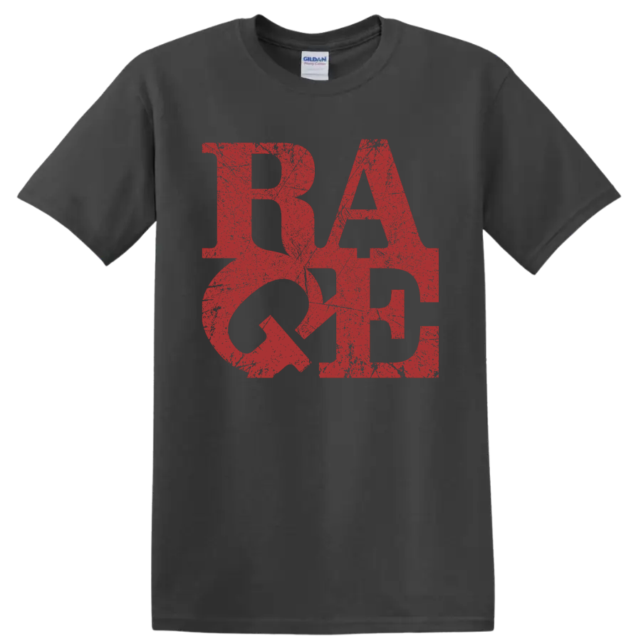 Distressed red RATM logo graphic print on a Charcoal T Shirt