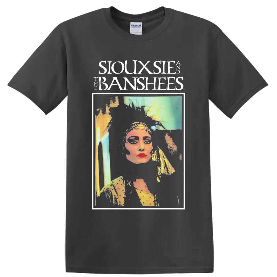 Siouxsie and the Banshees punk rock portrait graphic with bold lettering on a Charcoal T Shirt