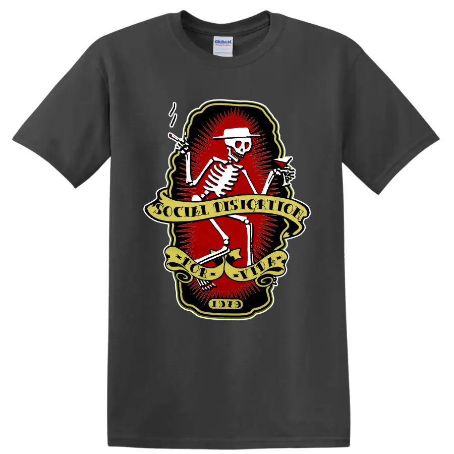 Social Distortion skeleton punk rock band logo with vintage banners on a Charcoal T Shirt