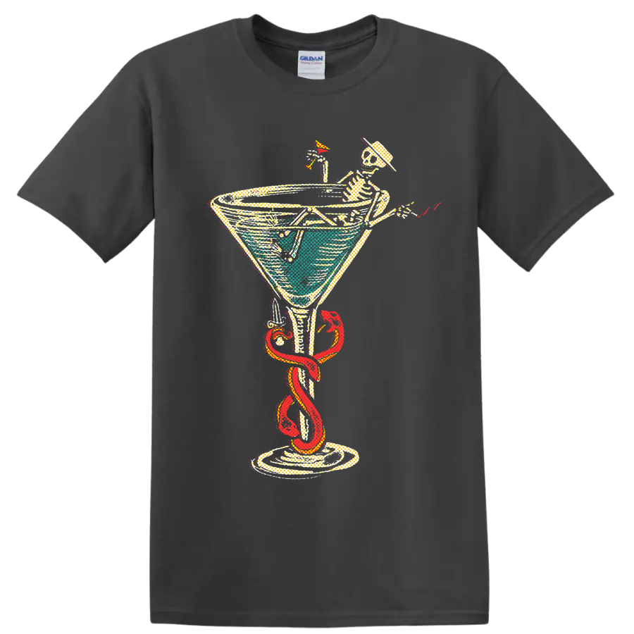 Social Distortion punk rock skeleton cocktail graphic with red snake on a Charcoal T Shirt