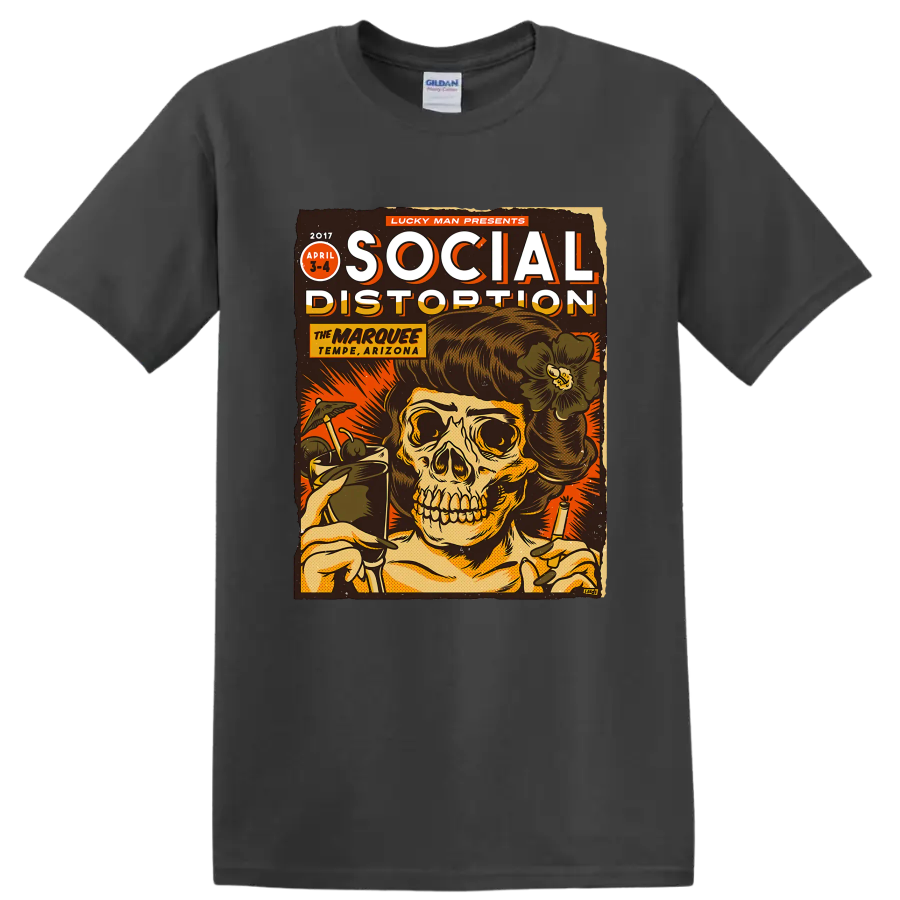 Social Distortion vintage punk rock skull poster graphic on a Charcoal T Shirt