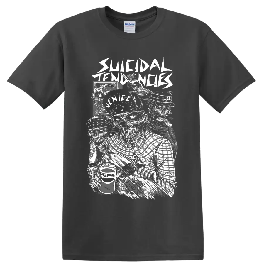 Suicidal Tendencies punk rock band graphic with illustrated figures on a Charcoal T Shirt