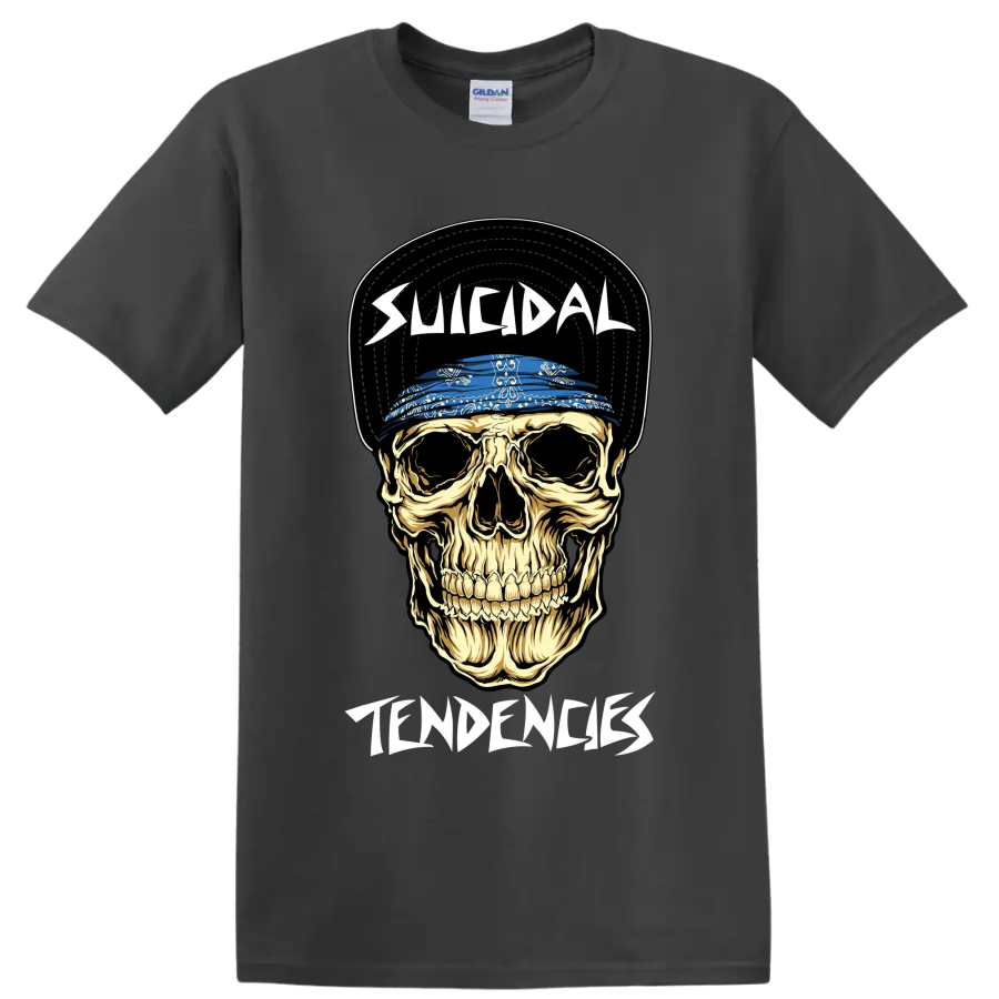 Suicidal Tendencies skull graphic with blue bandana and bold lettering on a Charcoal T Shirt