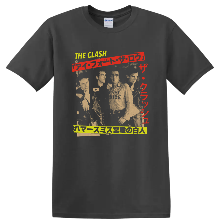 The Clash punk rock graphic with performer silhouettes and red lettering on a Charcoal T Shirt