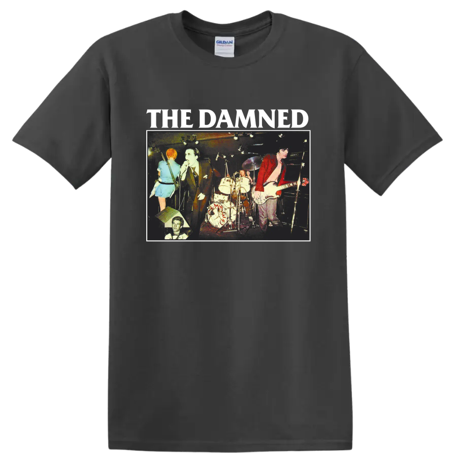 The Damned vintage punk rock live concert graphic with band lettering on a Charcoal T Shirt