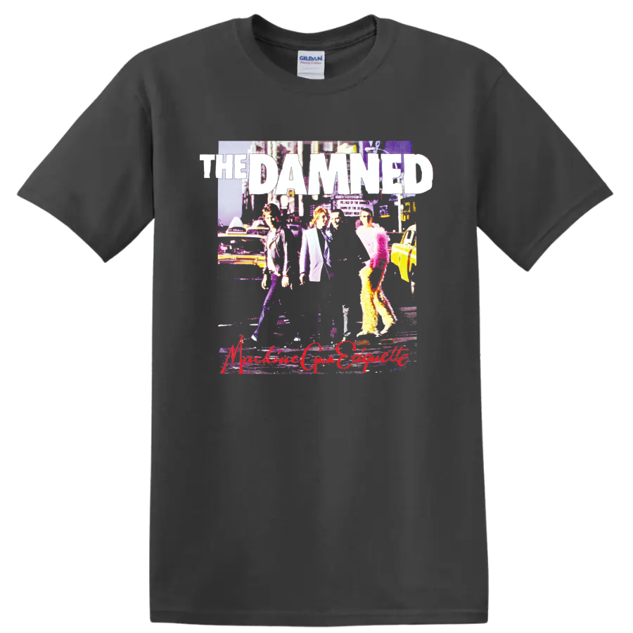The Damned punk rock band graphic with bold white lettering and vivid collage art on a Charcoal T Shirt