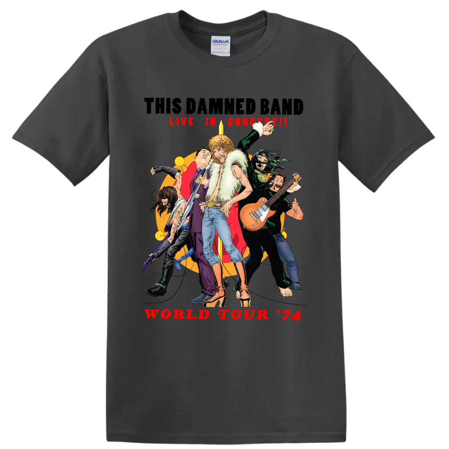 The Damned World Tour 74 vintage punk rock musicians graphic on a Charcoal T Shirt