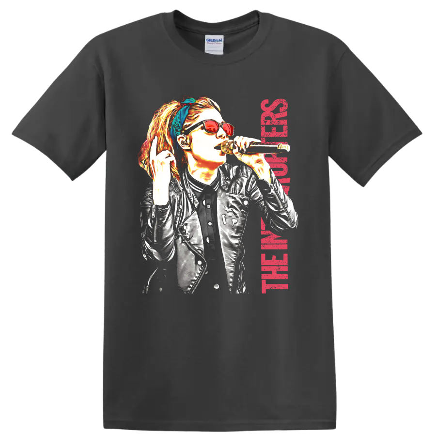 The Interrupters punk rock singer graphic with microphone and red lettering on a Charcoal T Shirt