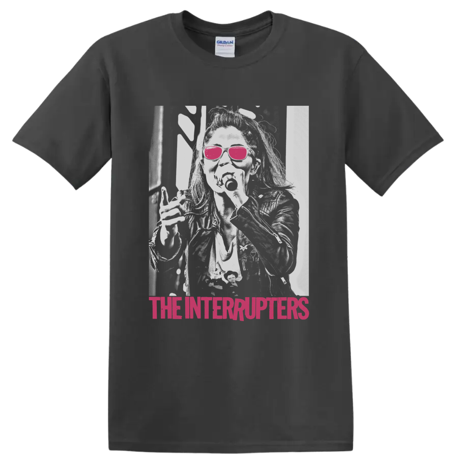 The Interrupters distressed punk rock portrait with pink sunglasses and magenta text on a Charcoal T Shirt