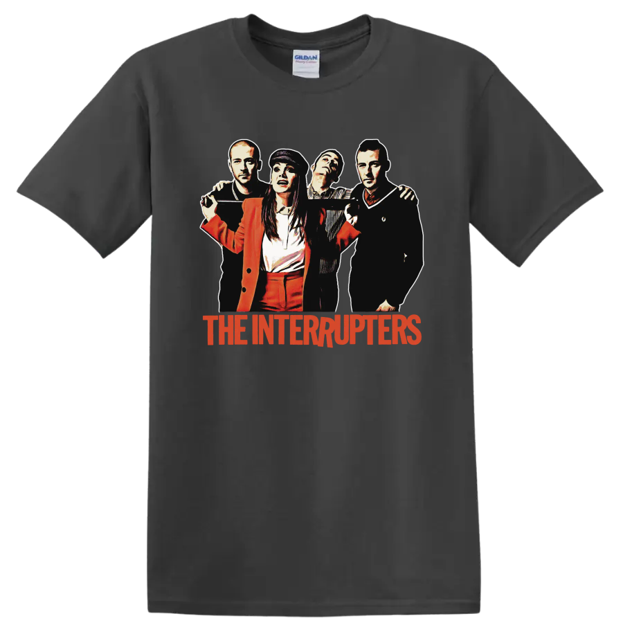 The Interrupters punk rock band portrait with red band name graphic on a Charcoal T Shirt