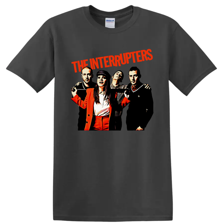 The Interrupters punk rock band graphic with red lettering and four performers on a Charcoal T Shirt