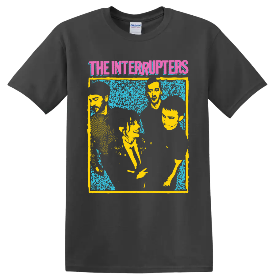 The Interrupters punk rock band portrait graphic with distressed retro styling on a Charcoal T Shirt
