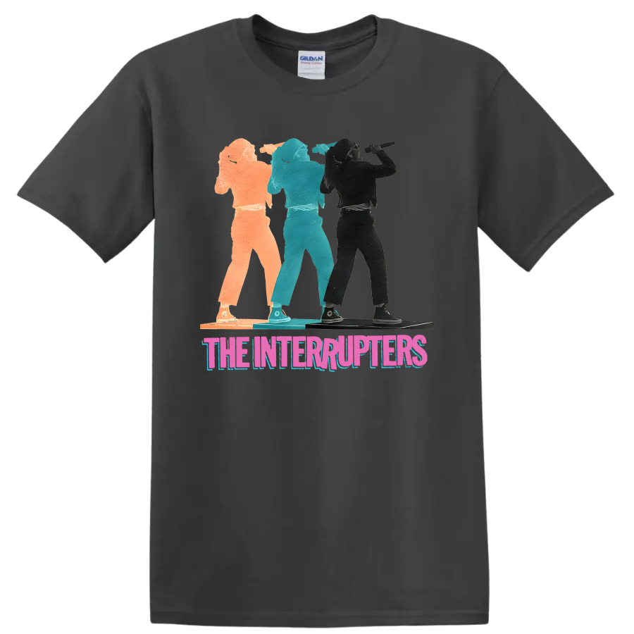 The Interrupters punk rock band graphic with three distressed performer silhouettes on a Charcoal T Shirt