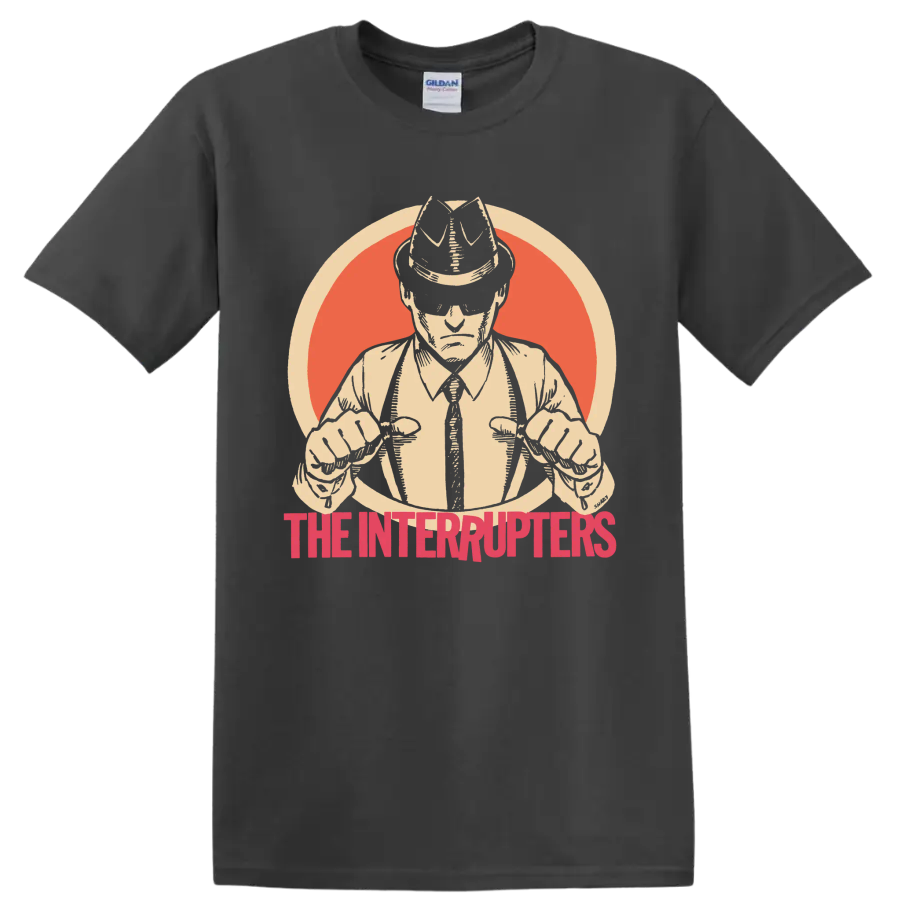 The Interrupters punk rock band graphic with hat-wearing figure and red lettering on a Charcoal T Shirt