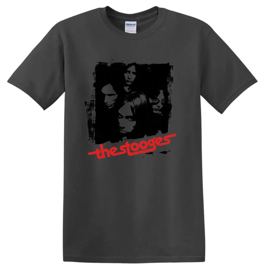 The Stooges vintage punk rock portrait collage with red band lettering on a Charcoal T Shirt