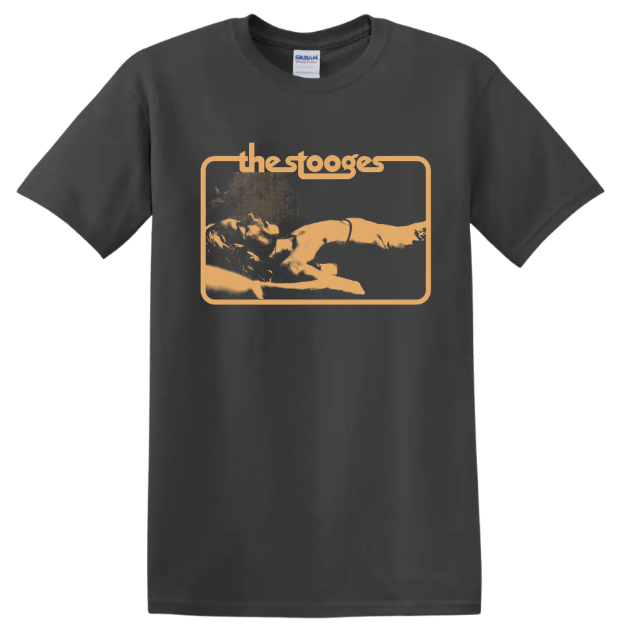 The Stooges distressed punk rock band graphic with framed lettering on a Charcoal T Shirt
